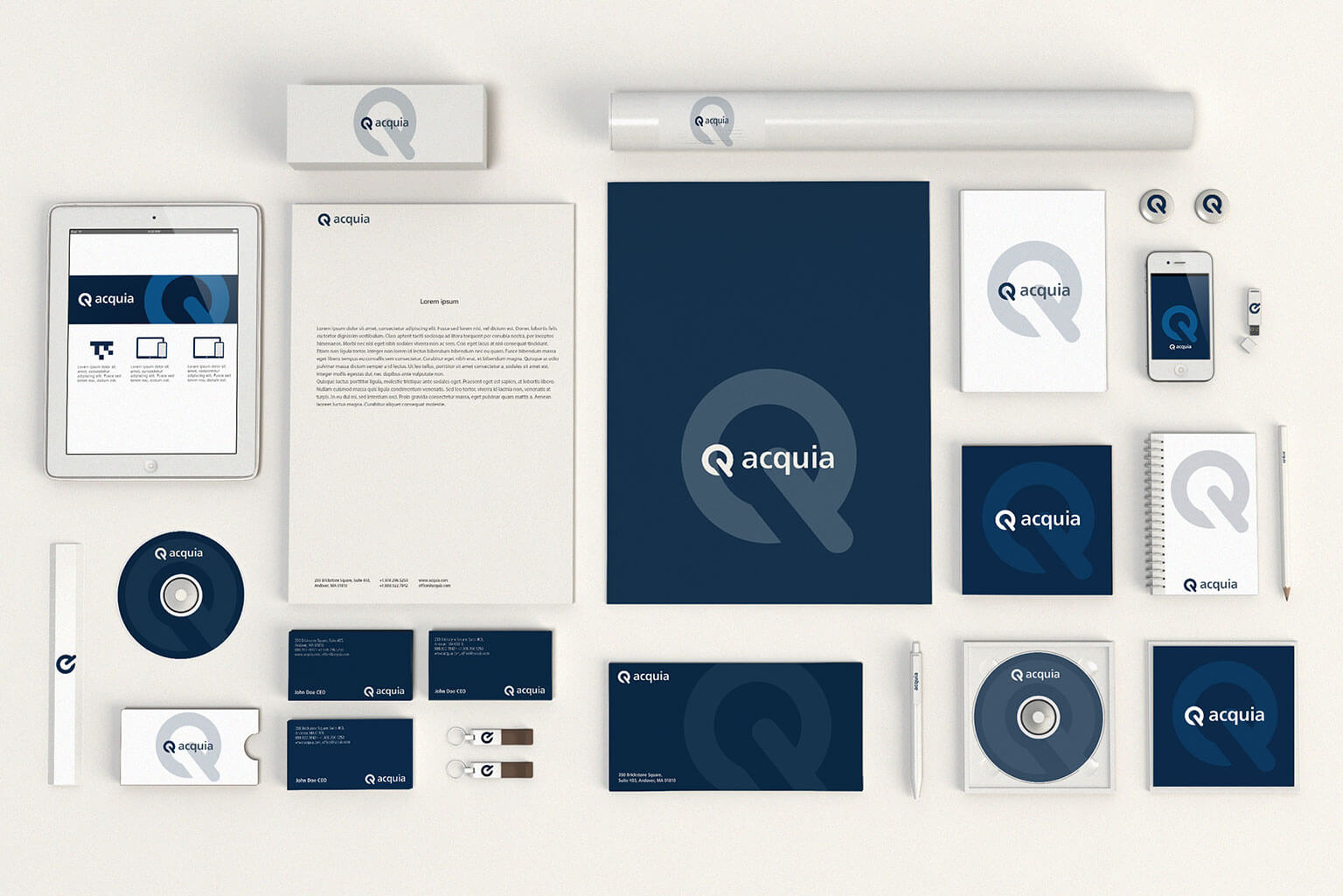 Acquia, brand id, logo, brochure, business card for a creative software company