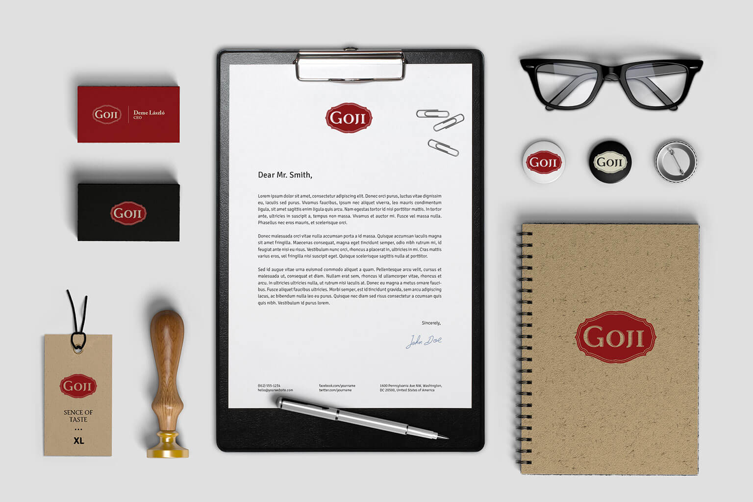 Goji packaging design, product id, logo, stationery, for a goji berry brand. The overall style of the packaging has an elegant, classy and naturalistic style.