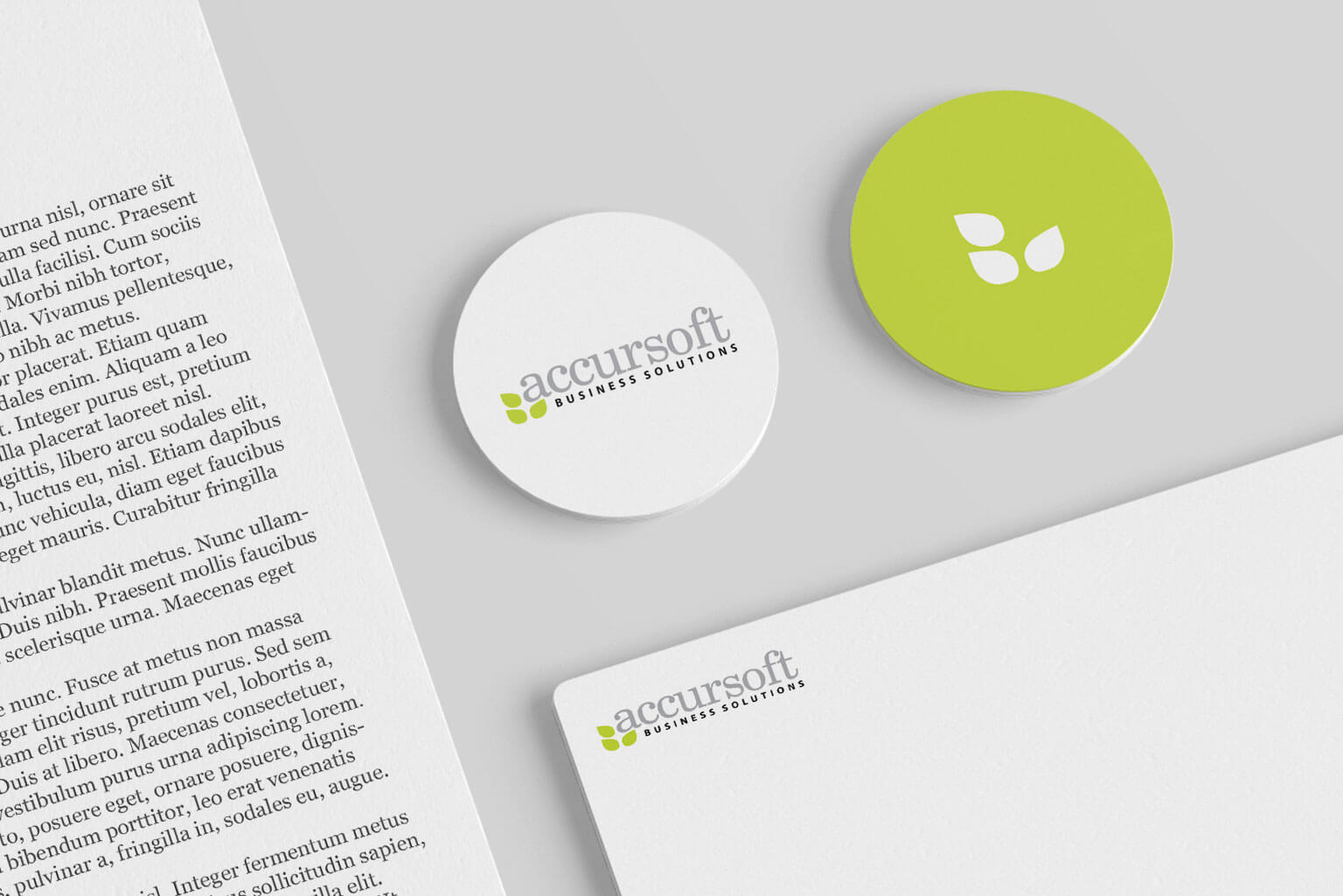 Accursoft, visual identity logo, and stationery for a software company who believes in practical creativity​