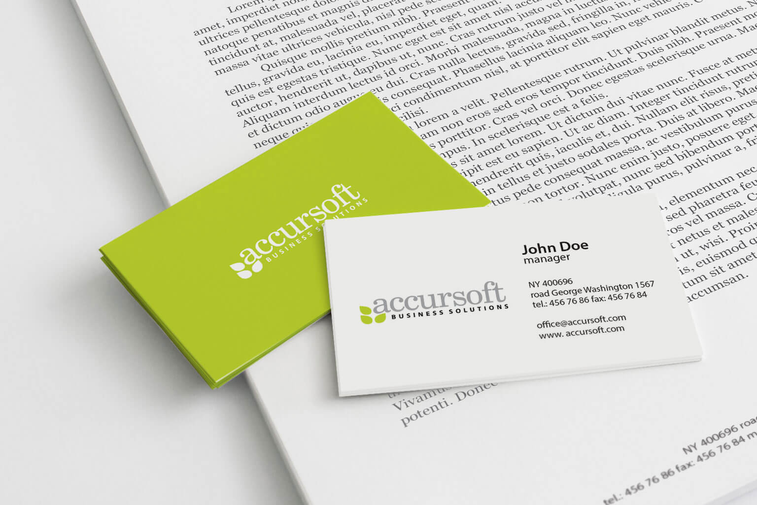 Accursoft, visual identity logo, and stationery for a software company who believes in practical creativity​