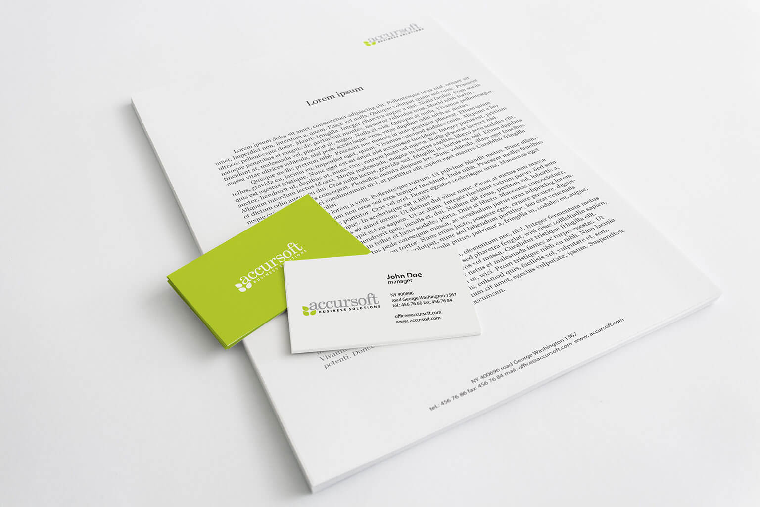 Accursoft, visual identity logo, and stationery for a software company who believes in practical creativity​