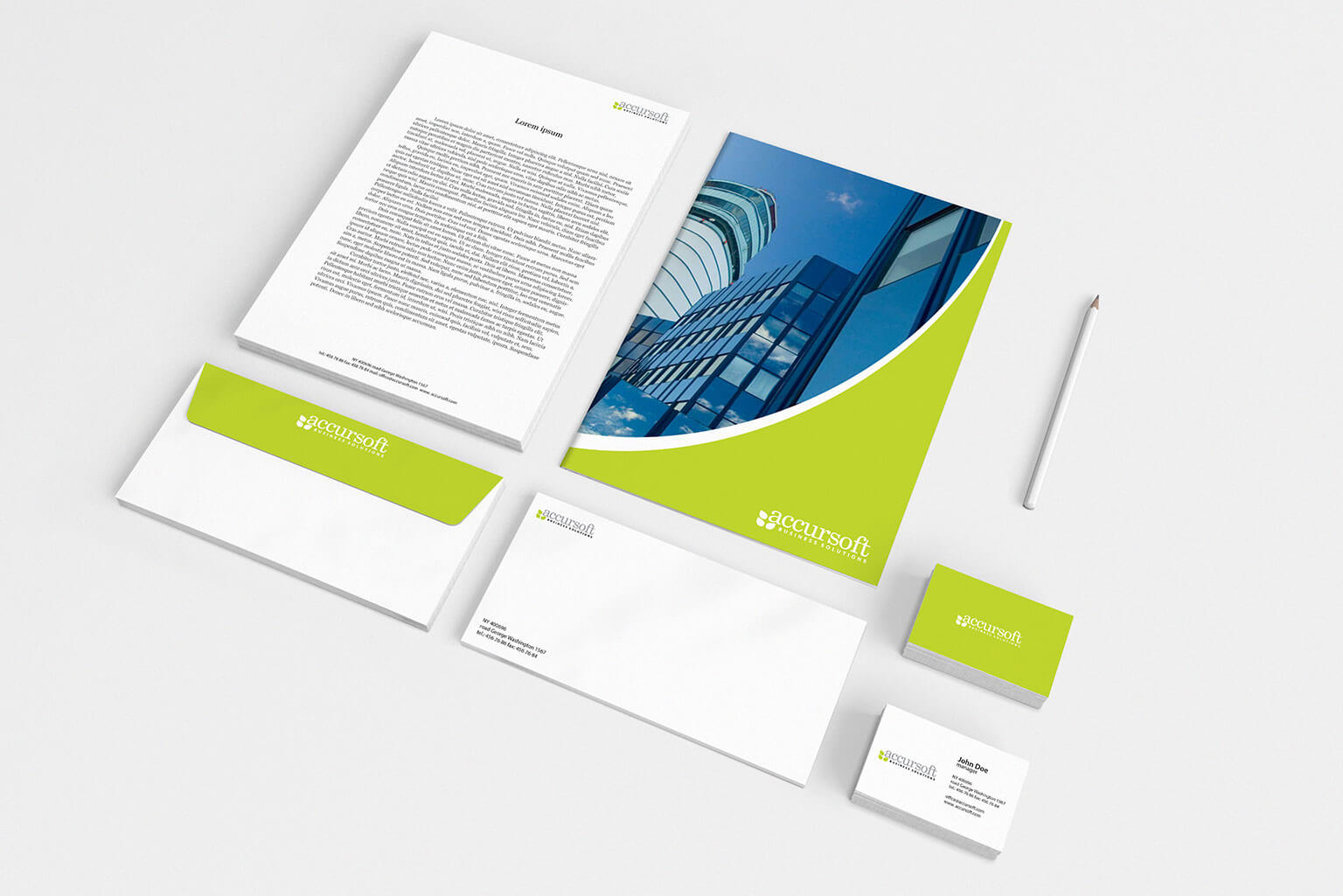 Accursoft, visual identity logo, and stationery for a software company who believes in practical creativity​